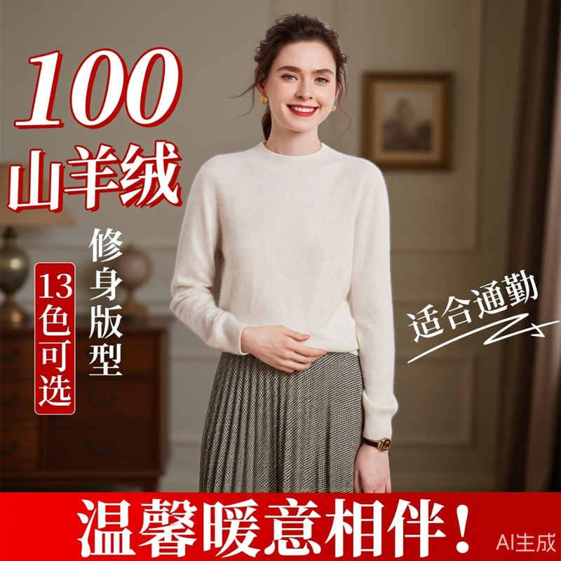 100%山羊绒衫女可外穿半高领打底针织毛衣2025秋冬新款喜宁,女装/女士精品,羊绒衫,淘宝优惠券,粉丝福利购,淘宝优惠卷