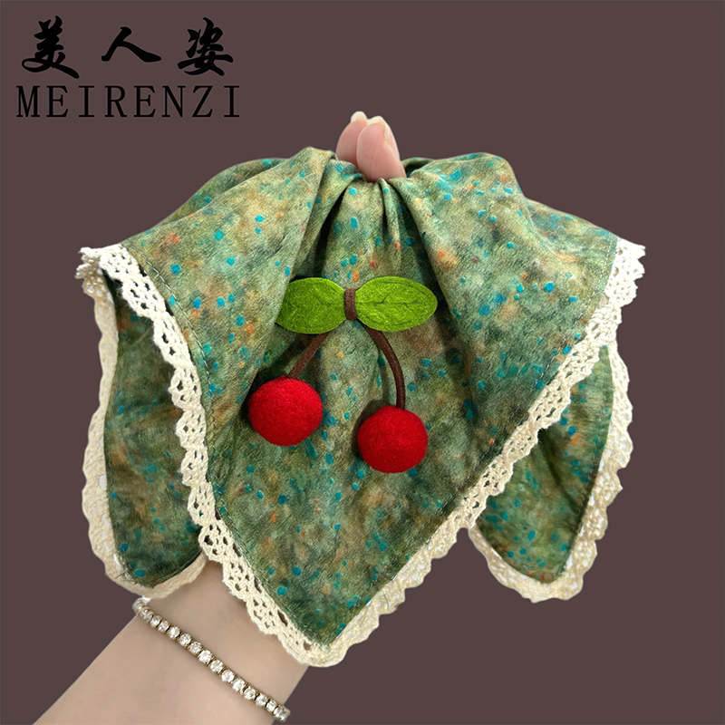 MRZ原创复古春野樱桃方巾大肠发圈高级文艺百搭国风发绳扎高马尾