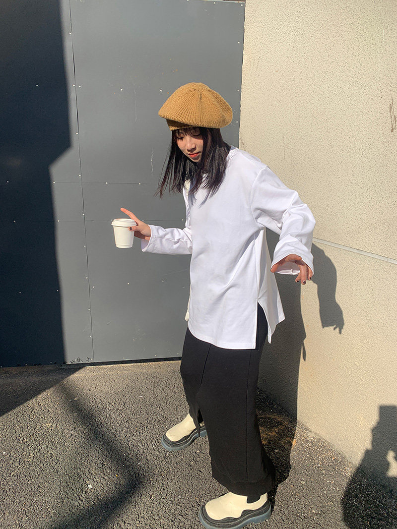 MStudio基础款简约宽松圆领长袖叠穿白t恤女百搭中长款上衣打底衫