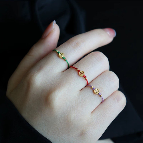 999足金黄金钱币铜钱戒指女款细款本命年红绳戒指女极细编绳指环