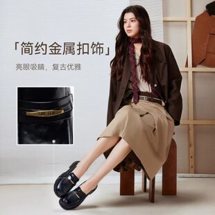 百思图春季商场新款英伦风乐福鞋小皮鞋女鞋厚底深口单鞋BV339CA5