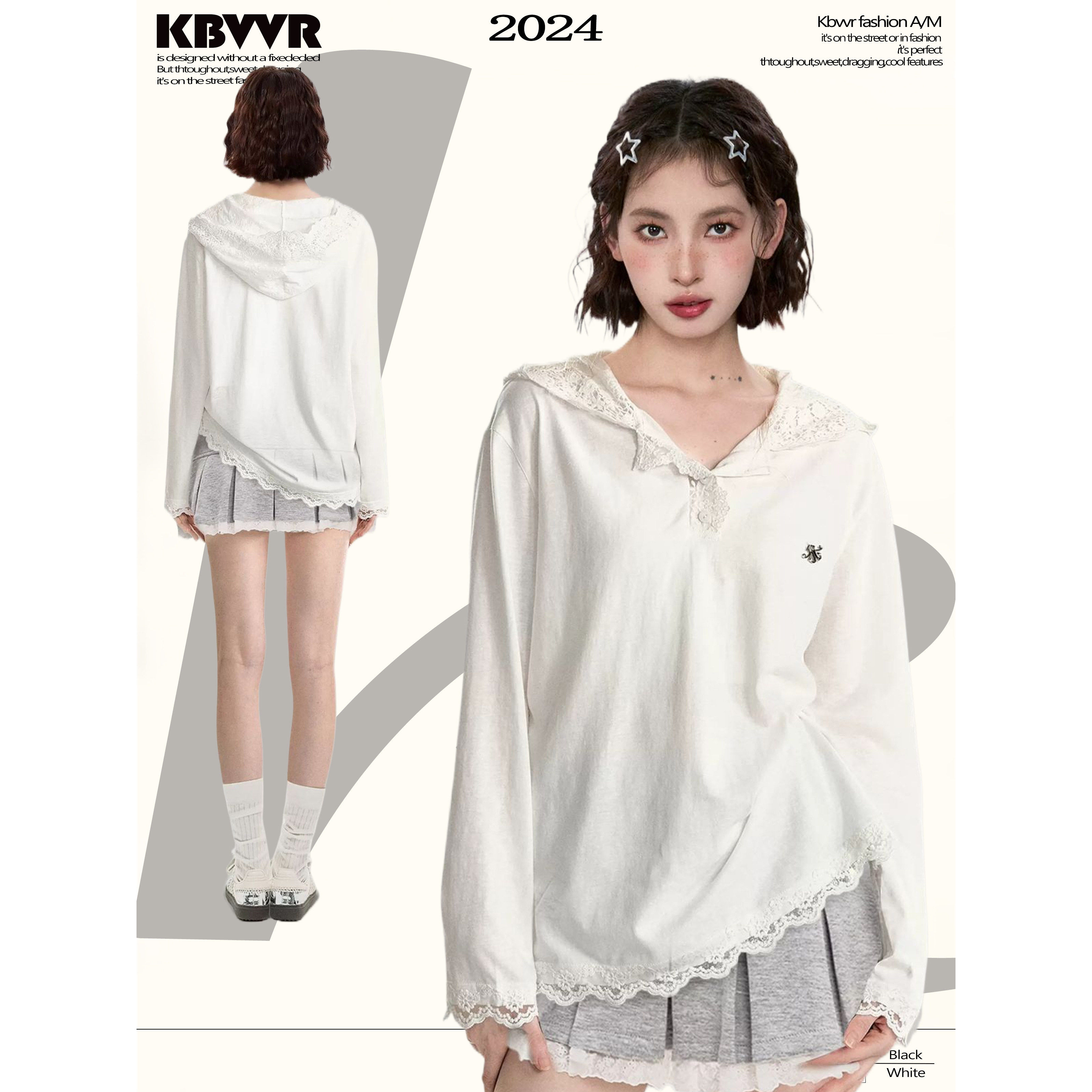 白色蕾丝连帽长袖T恤女夏季薄款正肩宽松慵懒卫衣bm防晒罩衫上衣