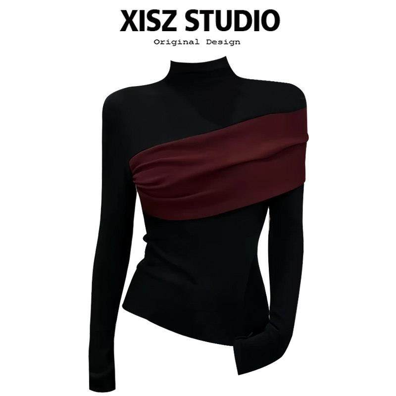 气质洋派不规则打底衫女春夏新款半高领套头显瘦撞色拼接内搭上衣,女装/女士精品,大码内搭,淘宝优惠券,粉丝福利购,淘宝优惠卷