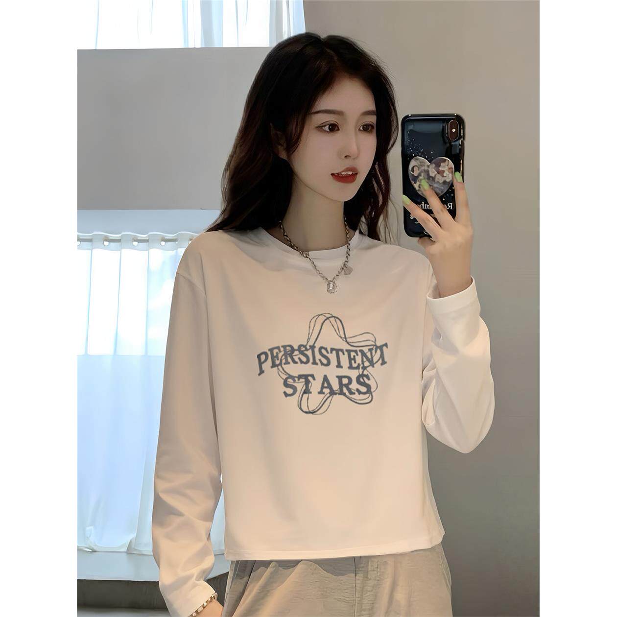 白色正肩长袖t恤女内搭打底衫2025新款爆款小个子宽松短款上衣服