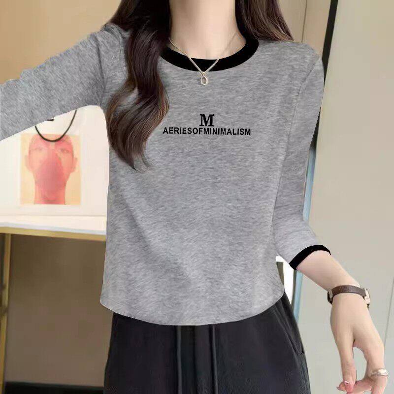 正肩撞色长袖T恤女休闲内搭2025春秋小个子拼色显瘦打底衫上衣ins
