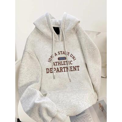 白灰色美式连帽卫衣女款2025新款爆款秋冬季潮牌长袖宽松上衣外套