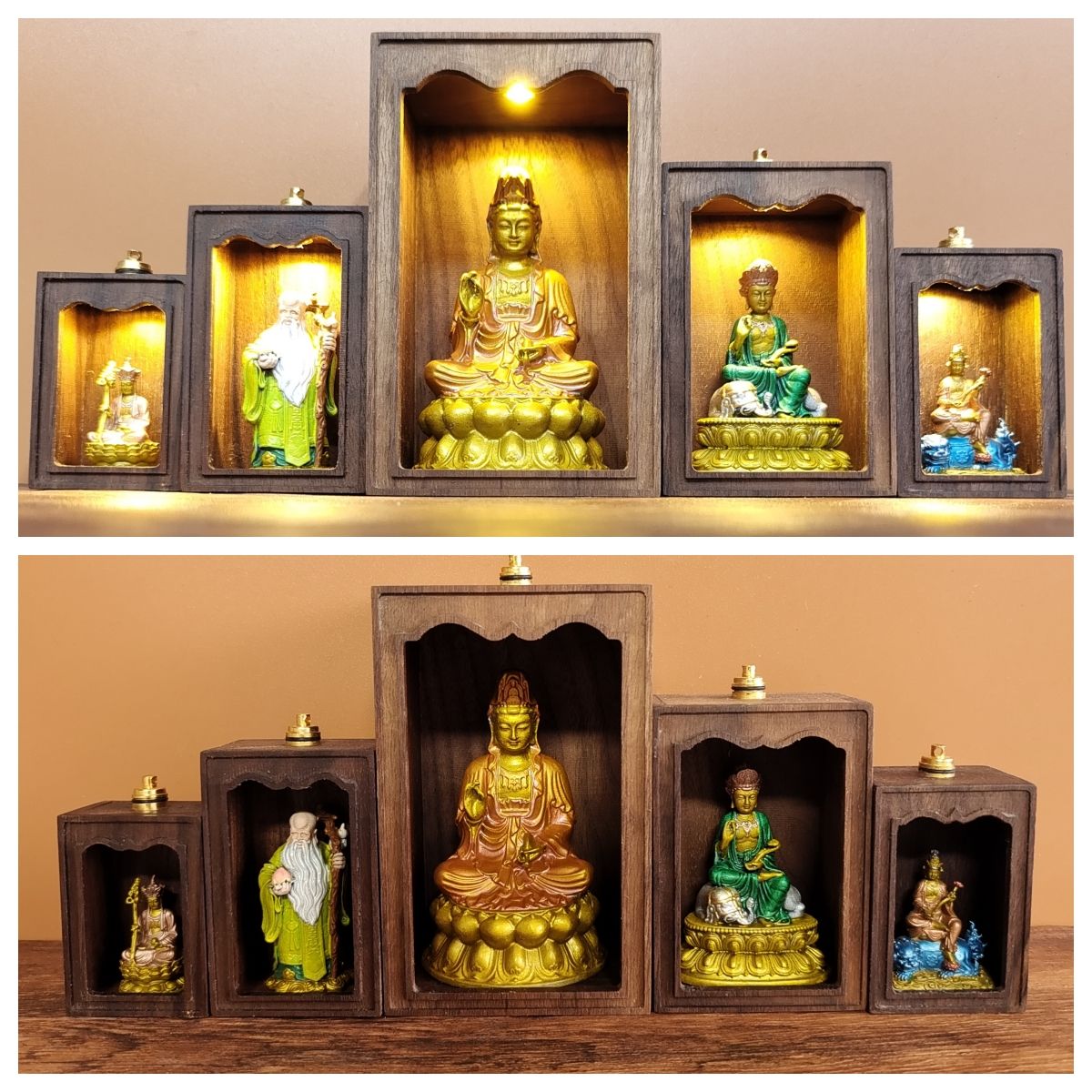 手工定制地藏观音小铜佛家用带灯迷你佛龛小神龛小铜像小神像佛龛