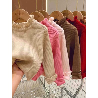 2023秋冬新品女孩毛衣洋气半高领纯色打底衫女宝宝木耳边领针织衫