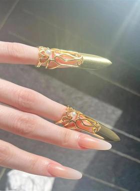 金色护甲甲套戒指镶嵌珍珠花纹镂空新中式宫廷国潮护甲指套戒指