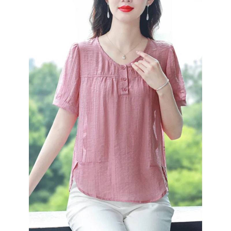 棉麻衬衫女士夏装2025新款妈妈洋气宽松显瘦短袖上衣小衫大码衬衣