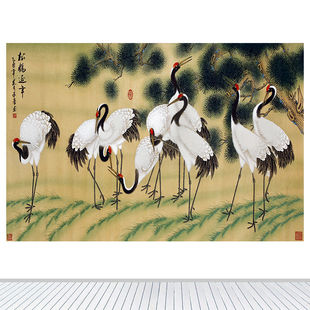 新中式松鹤延年酒店客厅装饰山水画九只白鹤仙鹤墙贴壁挂画自粘画