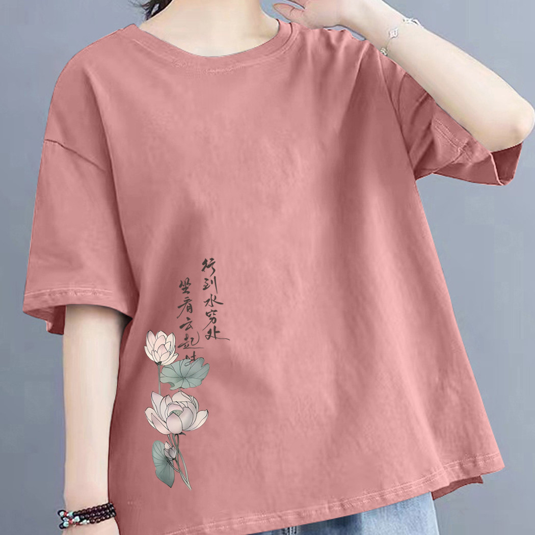 品牌折扣剪标大码女装夏季100%纯棉印花圆领短袖上衣宽松显瘦体恤