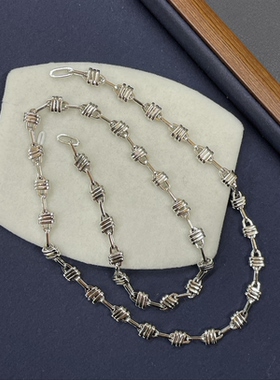 S925银镀白金复古8字猪鼻扁形粗款项链小众个性嘻哈DIY半珠半链