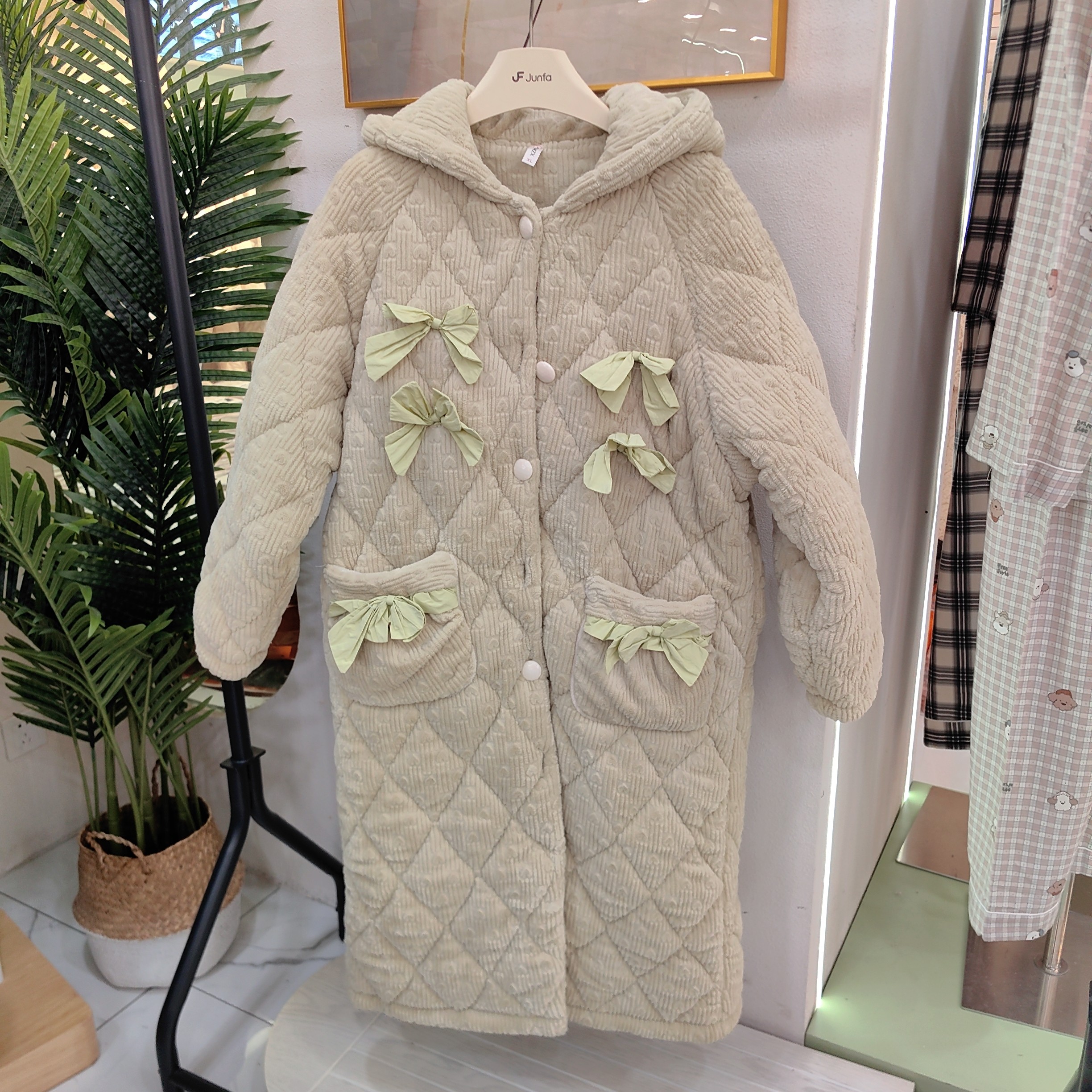 安可美冬季睡袍两件套三层加厚夹棉袄加长甜美可爱家居服女士睡衣