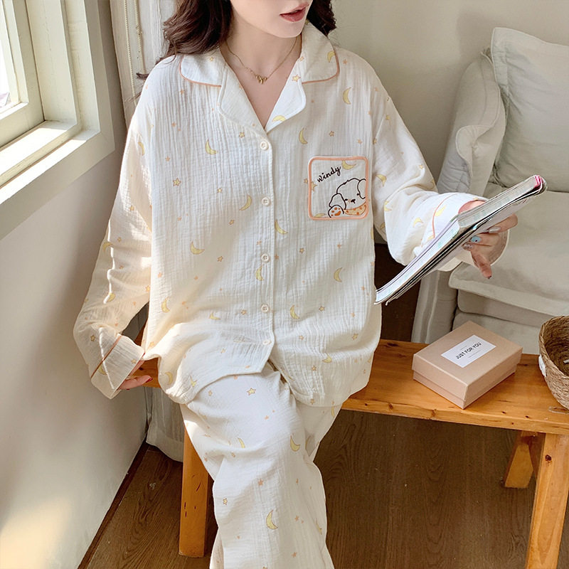 薇尔妮丝纯棉睡衣女款A类双层棉纱印花可外穿春秋套装长袖家居服