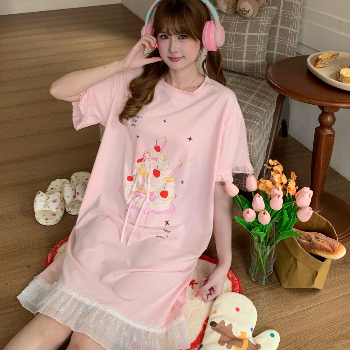 夏季新款可爱樱桃蛋糕蕾丝花边睡裙女爽棉宽松家居服可外穿裙子女