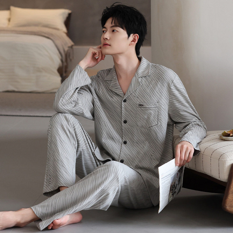 睡衣男士春秋款纯棉长袖长裤男款秋季大码高级感薄款可外穿特价