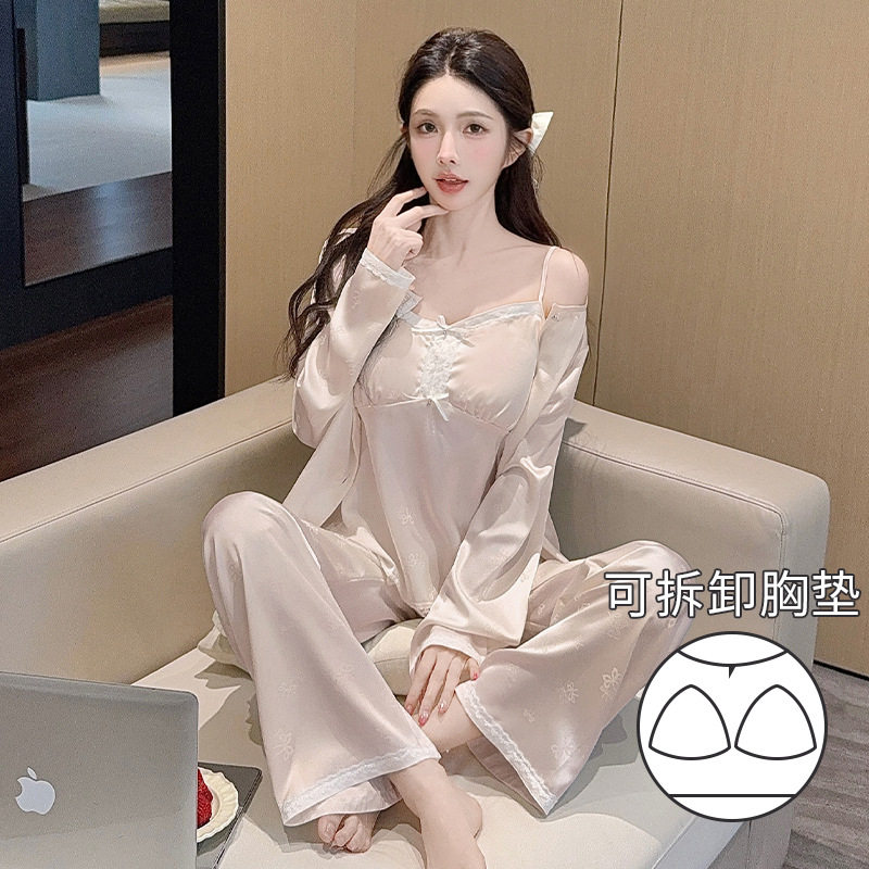 薇尔妮丝春夏冰雪丝睡衣女性感吊带蕾丝带胸垫三件套仿真丝家居服