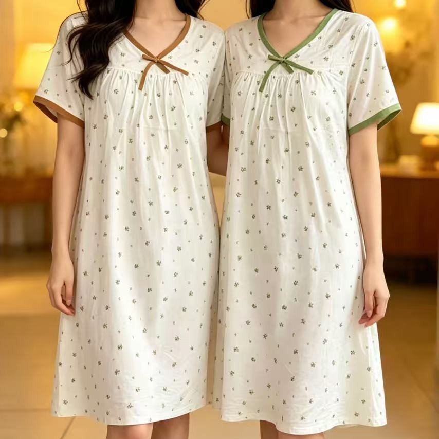 2026艾莱美莫代尔睡裙新款夏季短袖甜美V领简约风中长睡衣裙6358