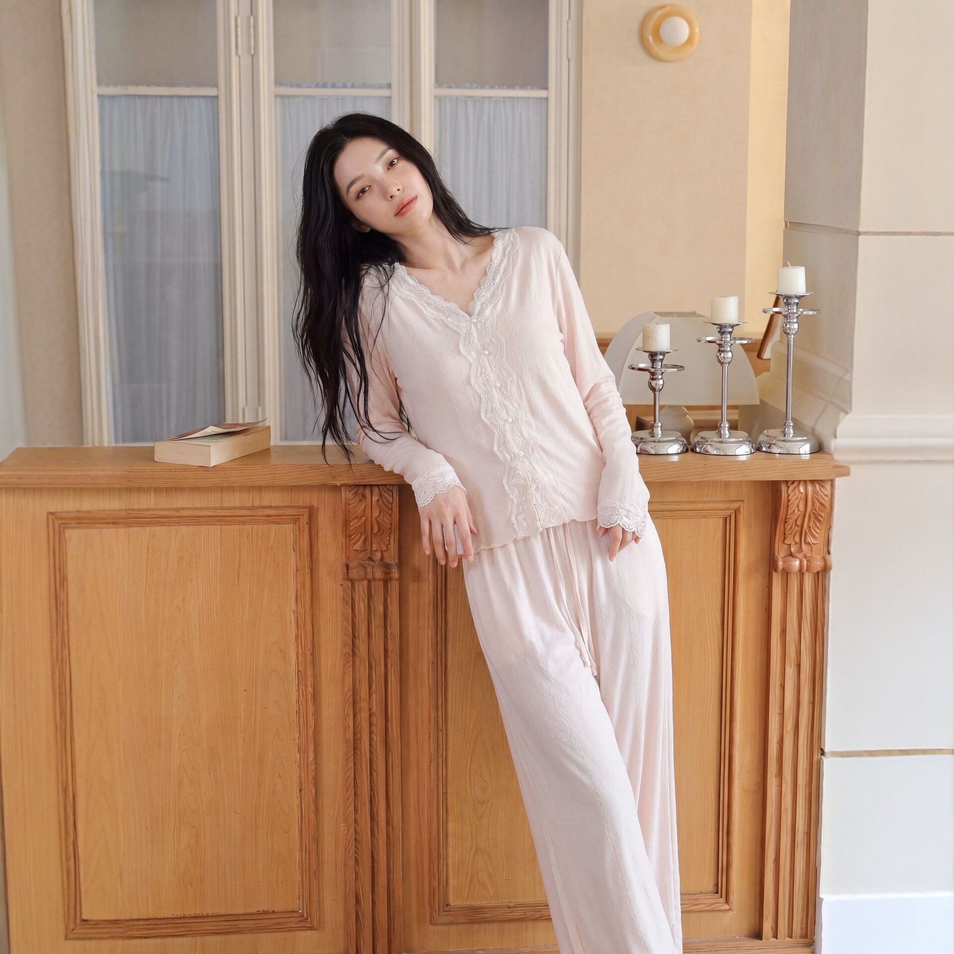 卜奈粉色蕾丝V领莱赛尔睡衣女春秋长袖长裤提花甜美可外穿家居服