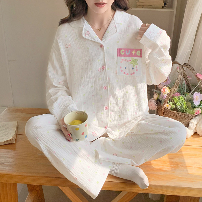 薇尔妮丝秋季纯棉睡衣女款高级感双层棉绸纱布卡通印花家居服套装