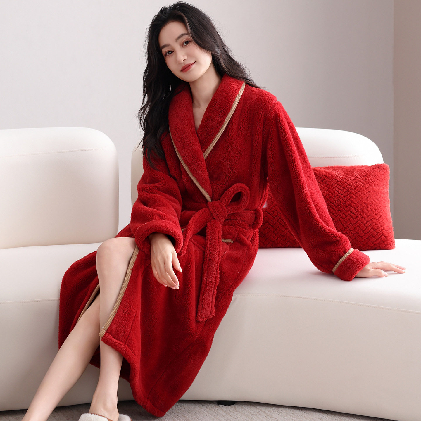 樱柏姿睡袍女秋冬珊瑚绒加绒保暖睡衣加厚法兰绒浴袍本命年家居服