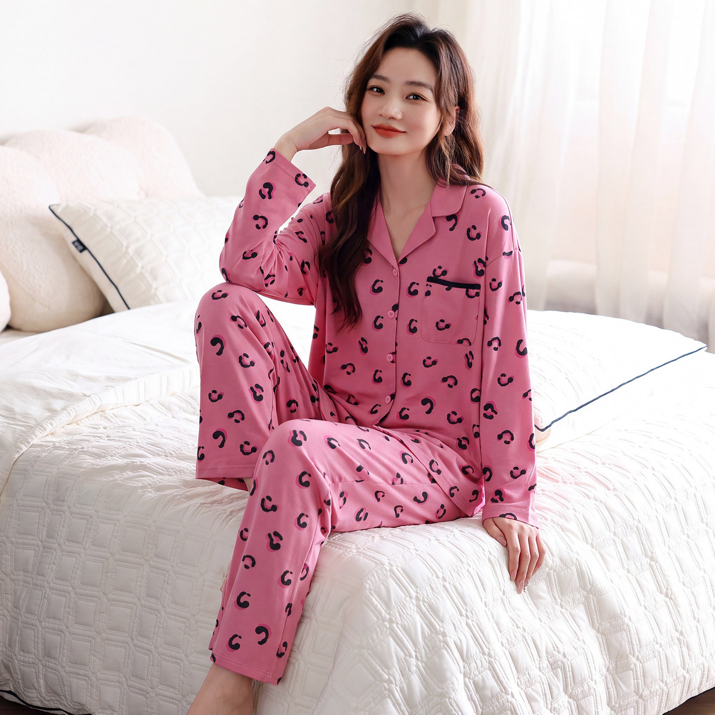 纯棉秋季新款女士睡衣开衫长袖宽松大码长裤家居服粉色甜美系套装