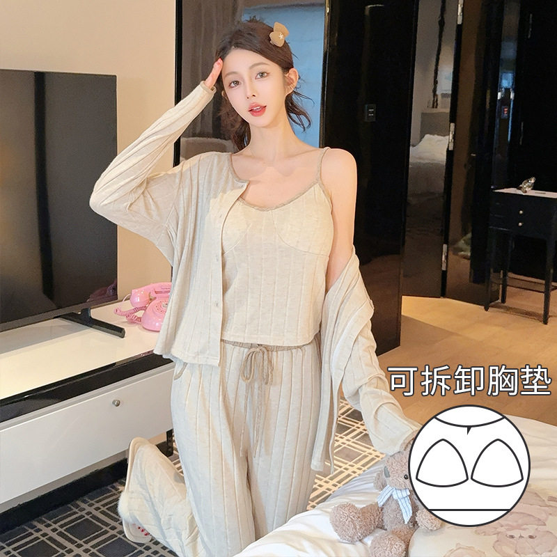 喔密哒春秋新款长袖吊带三件套羊绒棉性感甜美家居服睡衣女带胸垫