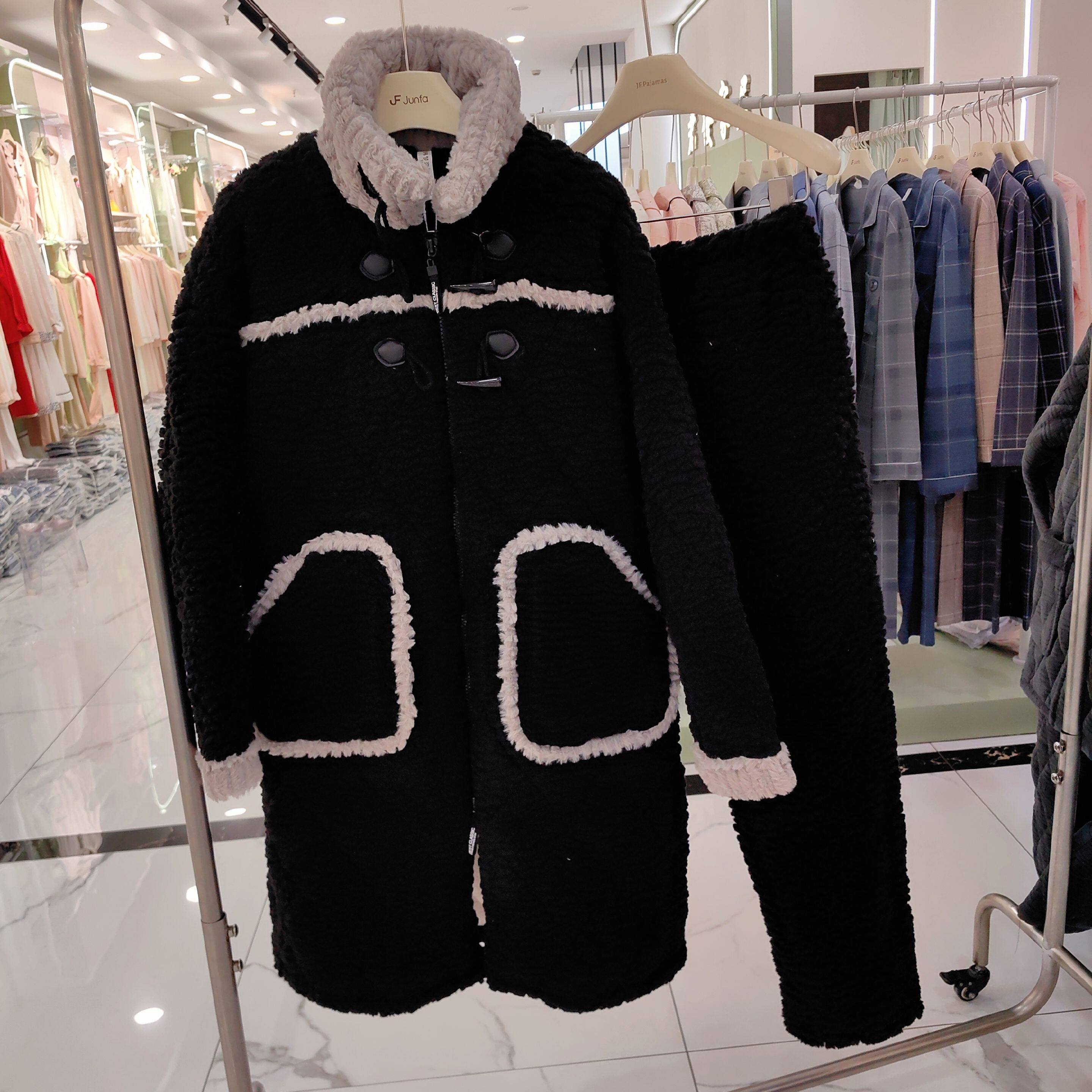 韩梦恋冬天情侣女睡衣夹棉袄时尚高领加厚泰迪绒保暖加长家居服男