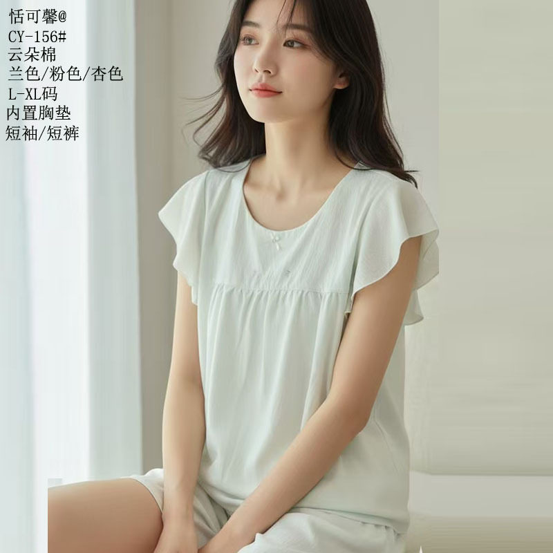 恬可馨云朵棉休闲26新款双短家居服套装绉棉女款短袖短裤睡衣分销
