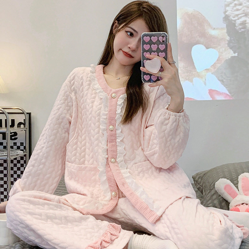 秋冬季月子服加厚夹层空气棉花边长袖长裤产后哺乳孕妇睡衣家居服