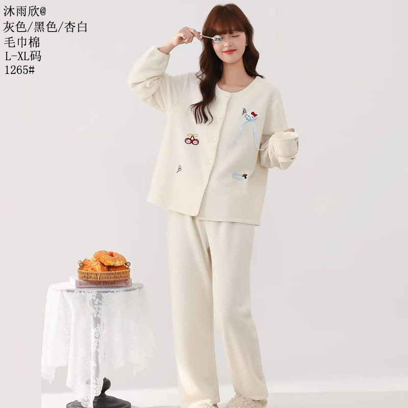 毛巾绒沐雨欣2026新款时尚毛巾棉家居服套装圆领女款绒料开衫睡衣