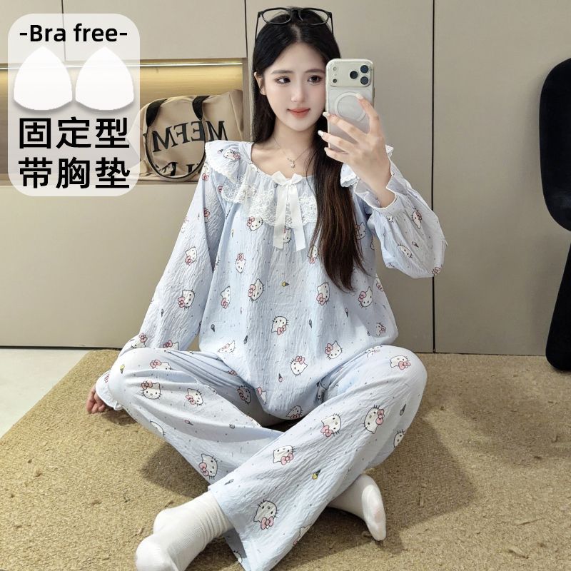 睡衣女款春秋季带胸垫云朵棉花边长袖可爱卡通少女家居服特价薄款