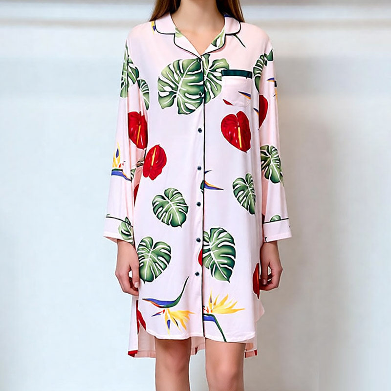 绮瑞女士秋季薄款睡衣女开衫长袖睡裙莫代尔棉时尚女中长裙家居服