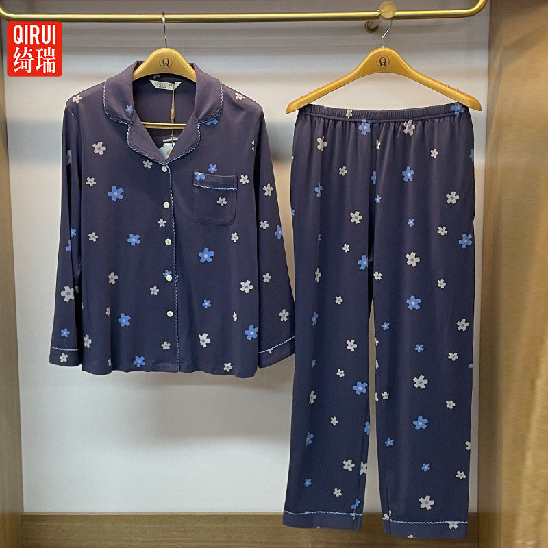 绮瑞春季新品女士长袖莫代尔薄棉开衫印花睡衣宽松大码中年家居服