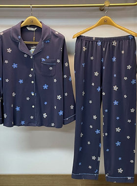 绮瑞春季新品女士长袖莫代尔薄棉开衫印花睡衣宽松大码中年家居服
