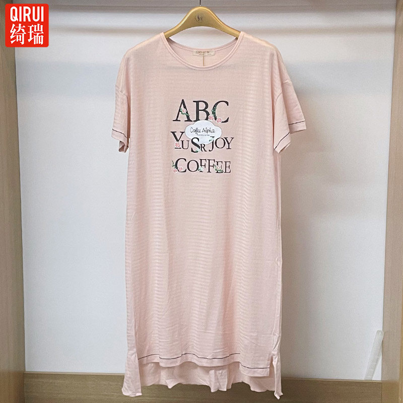 绮瑞家居服新款女士针织纯棉短袖睡裙舒适薄棉女宽松纯色圆领睡衣