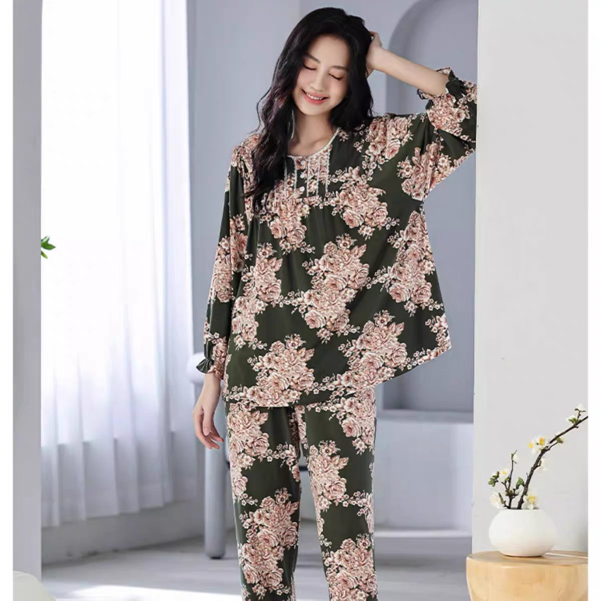 绮瑞女士家居服春秋莫代尔棉薄款睡衣长袖国风文艺妈妈秋款女睡衣