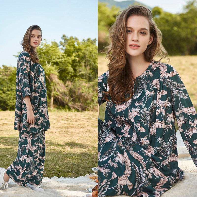 绮瑞秋季梭织薄款长袖长裤睡衣休闲加长款大码开衫印花家居服套装