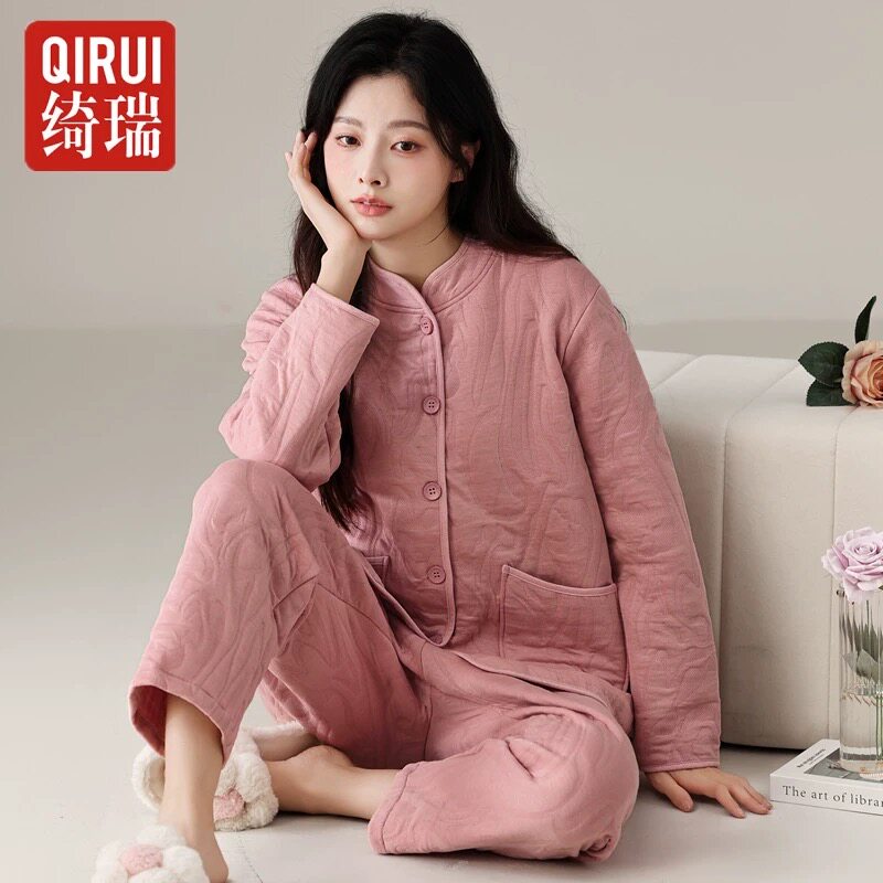 绮瑞女士冬季立领高领中式风睡衣