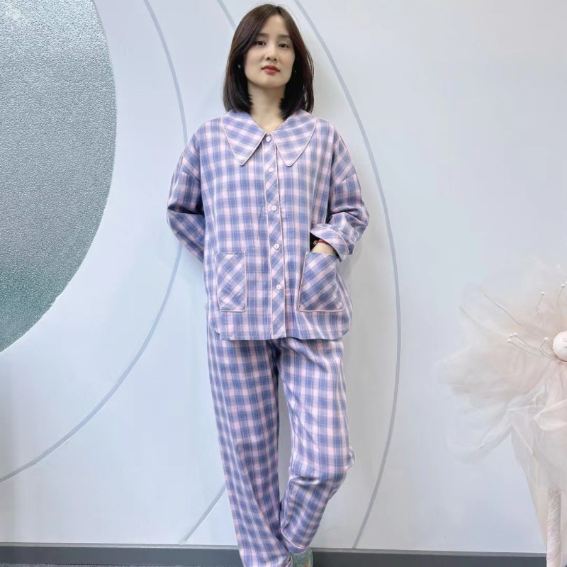 绮瑞秋季女士格子长袖睡衣休闲开衫时尚梭织棉布女休闲家居服套装