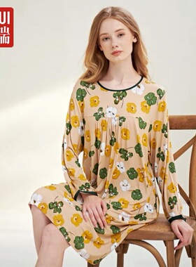 绮瑞家居服春秋新款女士莫代尔中长款圆领印花睡裙大码睡衣Q25549
