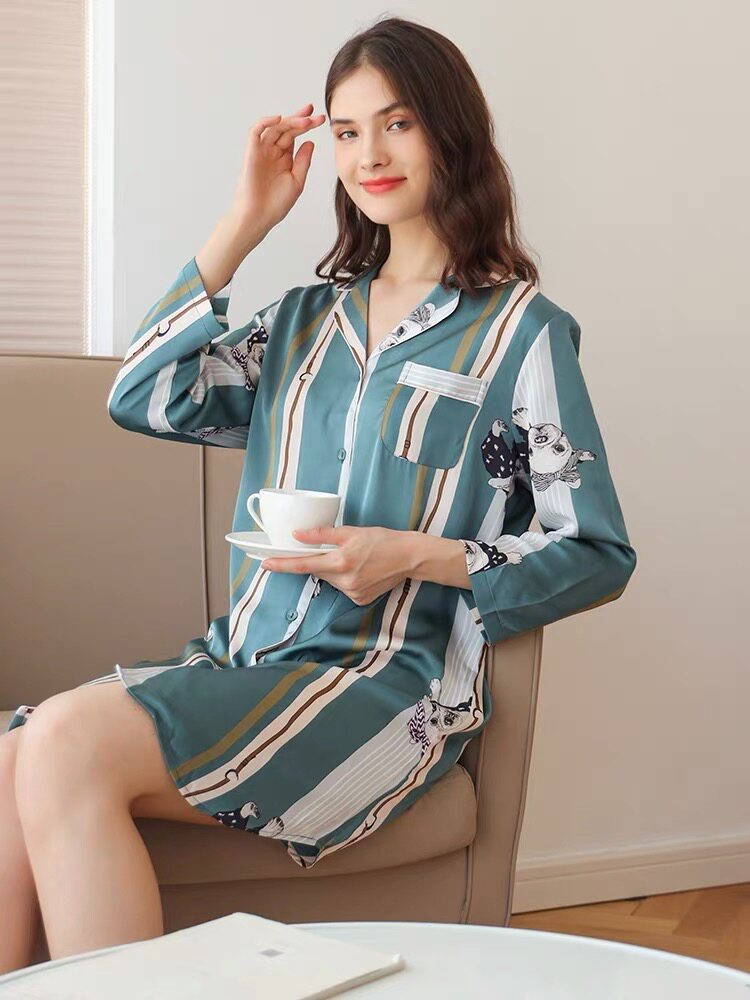 绮瑞女士纺丝开衫时尚长袖睡裙