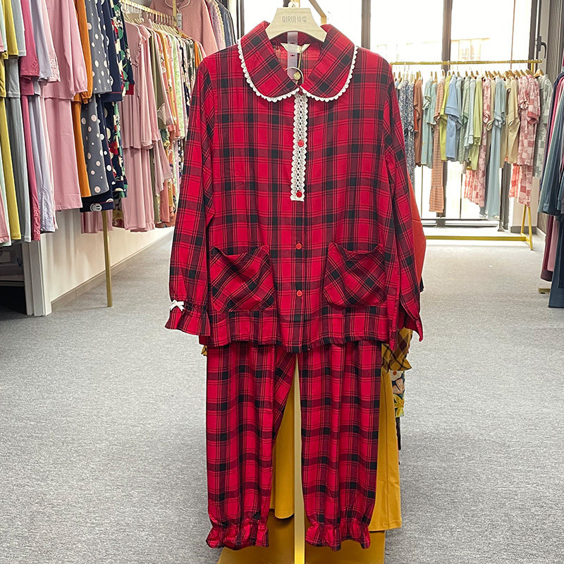 绮瑞春秋季情侣长袖睡衣男女士梭织棉布无弹力格子开衫翻领家居服