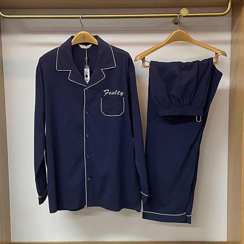 绮瑞男士秋季针织纯棉翻领开衫长袖长裤睡衣套装男薄款大码家居服