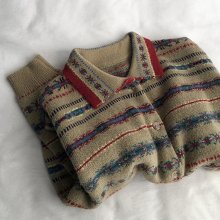 费尔岛彩色 古着翻领提花兔毛长袖针织衫毛衣女韩版百搭开衫上衣