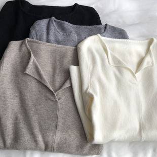 V开领收腰显瘦针织衫女马蹄长袖百搭弹力纯色温柔打底衫上衣秋