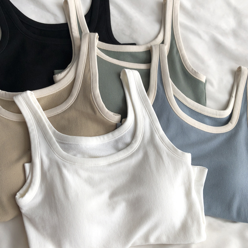 自带胸垫无缝背心撞色U领吊带女