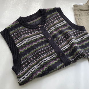 费尔岛/提花 浣熊绒复古配色圆领叠穿针织衫马甲女韩版无袖上衣春