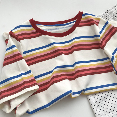 收尾秒杀！玩转彩虹 撞色条纹短袖T恤夏季圆领百搭休闲打底衫上衣